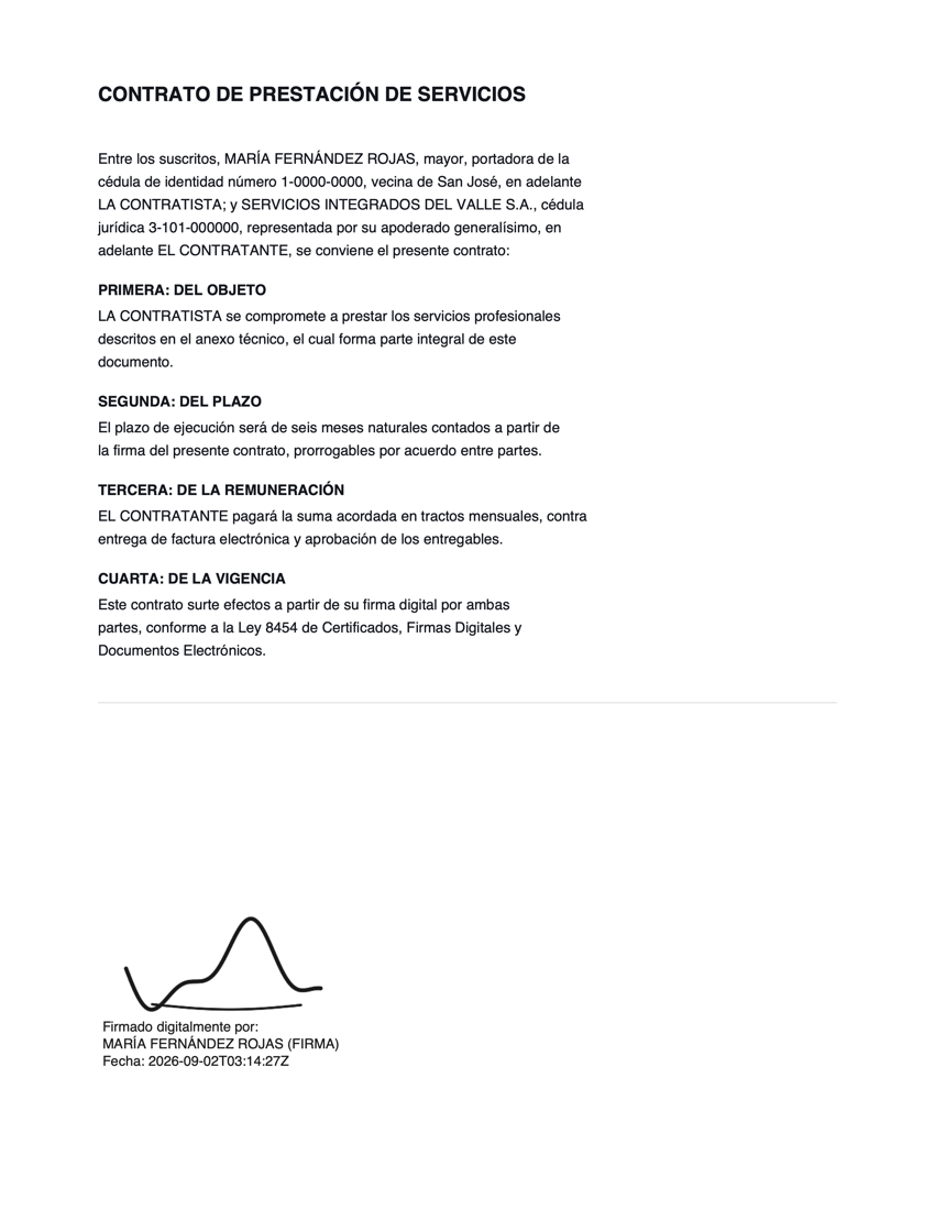 Un contrato firmado, con la firma manuscrita y el nombre del firmante impresos al pie de la página.